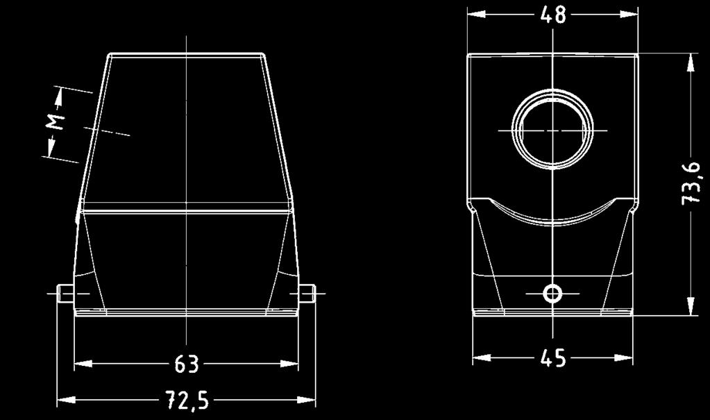 Han M Plus Kabelausgang Bezeichnung Baugröße Bestellnummer metrisch Maßzeichnung Maße in mm Tüllengehäuse 1) mit seitlichem Kabeleingang und einem