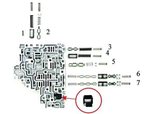 40 Volkswagen/Jaguar Valve body ID Description 1 Modifier Accumulator 2 Pressure Modifier Valve 3 Torque
