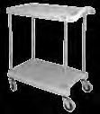 Deep Ledge Utility Carts Specially designed with a 2 3/4" deep ledge to contain product and spills Easy-to-position centre shelf option at 1" increments Polymer shelves are easy to clean and