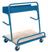 transporting long and bulky items Welded 14-gauge 12" x 38" steel shelf Grey rubber bumpers protect walls and equipment Two rigid and two swivel bolted-on casters Kleton blue enamel finish