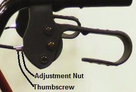 Adjustment of Brakes: (There are 2 adjustments for each brake one at the handle and one at the brake): When adjusting the brakes on the rollator, keep in mind if you adjust it too far one way or the