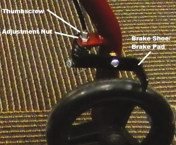 At the top of the rollator, find the adjustment nut which is located where the cable goes into the brake handle. This part is usually silver.