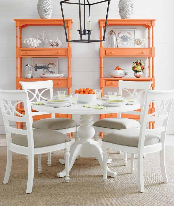 c b a p i e c e s a Sea Watch Side Chair in Saltbox White 411-21-60 b Round Pedestal Table in Saltbox White with Painted top 411-21-37 c Étagère in Spanish Orange 411-35-18 Details pp.