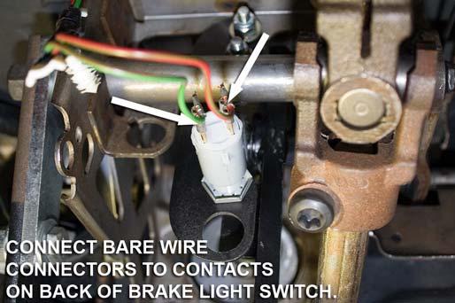 44. Connect the brake light switch wires directly to the contacts on the back of the provided brake light switch (polarity does not matter). 48.