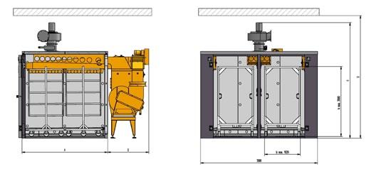 Dimensions, two-row design, machine attached to rear wall Outer dimension, chamber Unit 4-trolleys 6-trolleys 8-trolleys Length A 2413 3468 4523 Width* B 3300 3300 3300 Depth of machine D 1131 1384