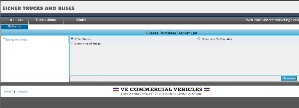 Login with Spares ID and Go to Transactions Spares Parts Reports