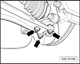 Стр 9 из 9 - Loosen nuts - arrows - - Place engine/transmission jack VAG 1383 A under wheel bearing housing - First press off ball joint from control arm, and then pull wheel bearing housing off from