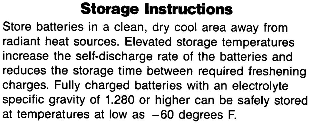 Fully charged batteries with an electrolyte specific gravity of 1.280 or higher can be safely stored at temperatures at low as -60 degrees F.