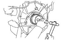 (1) Using a knife, cut off the oil seal lip. () Using a screwdriver, pry out the oil seal. NOTICE: Be careful not to damage the crankshaft. Tape the screwdriver tip.