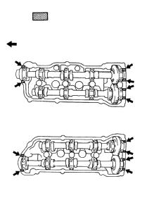 EM6 ENGINE MECHANICAL (1MZFE) CYLINDER HEAD Front : Seal Packing RH Side 9. INSTALL CYLINDER HEAD COVERS (a) Apply seal packing to the cylinder heads as shown in the illustration.
