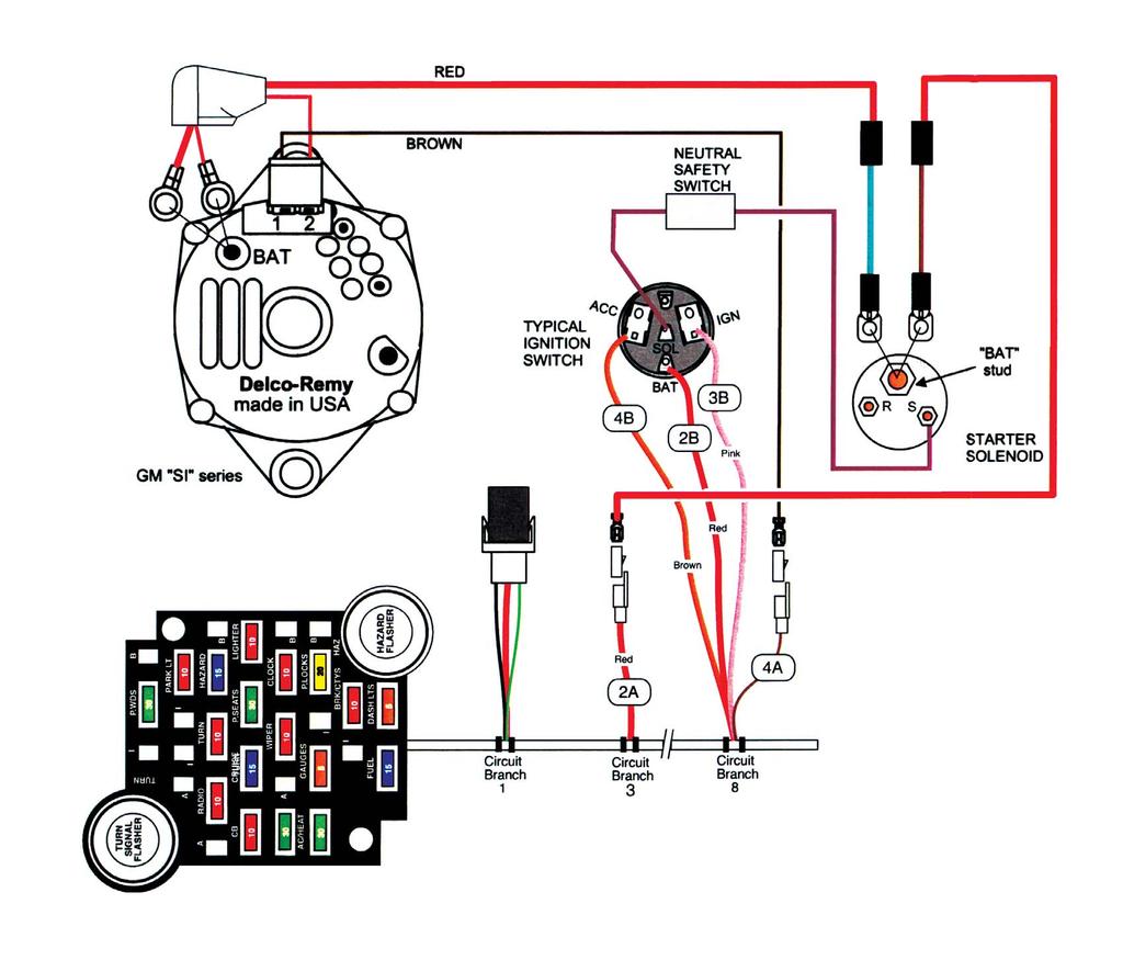 CIRCUIT BRANCH 8- INSTRUMENT SWITCH CONNECTIONS Connect these lead wires as follows: 1. Select the red 12V battery wire (2B) and connect it to the battery terminal on the ignition switch. 2.