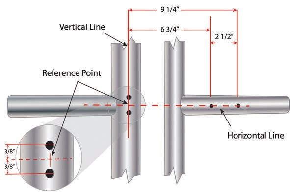 If welding, use these reference points to locate the lock mounting bracket and strike bracket. If bolting, center punch these marks and drill pilot holes using 1/8 bit.