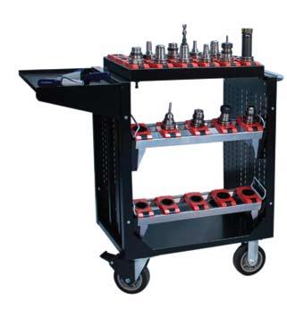 organization Tool cart features: Heavy-duty steel construction Removable top tool shelf Two (2) removable side stations Available in Steep Taper, HSK & CAPTO Large diameter industrial grade wheels
