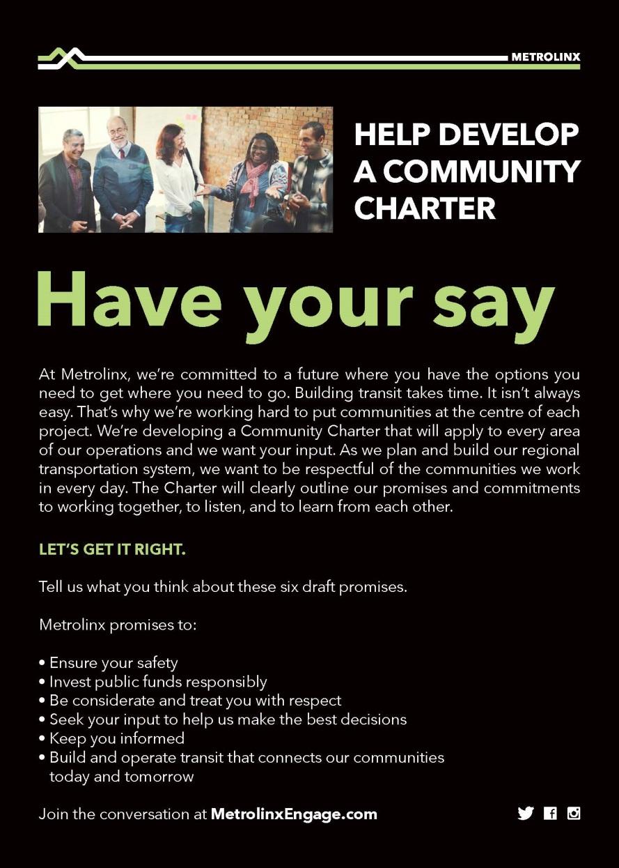 METROLINX COMMUNITY CHARTER In Phase 1 we sought your input on the six themes driving the Community Charter.