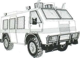 Reumech OMC RG-12 Patrol APC (South Africa) KEY RECOGNITION FEATURES Box type hull with sloping windscreen at front, vertical hull sides and rear, horizontal radiator grille in centre of hull front