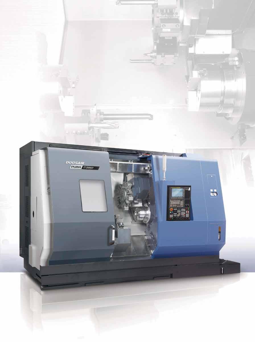 High performance turning center featuring first & second spindle that have the same power and capacity, with upper & lower turrets on the grounded box type bed.