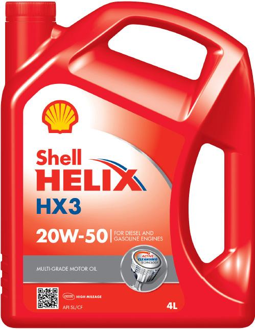 Shell Helix HX3 20W-50 AUTOMOTIVE ENGINE OILS SHELL PASSENGER CAR ENGINE OILS Formulated to help protect and prolong the life of older or less demanding engines Formulated to remove engine deposits
