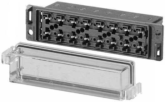 Consisting of: basic element with housing, insert, 6 single potentials and transparent cover. 8JD 005 9936 ATOfuse box, 8pole, with 32 axial exits 6.3 x 0.8 mm. Max.