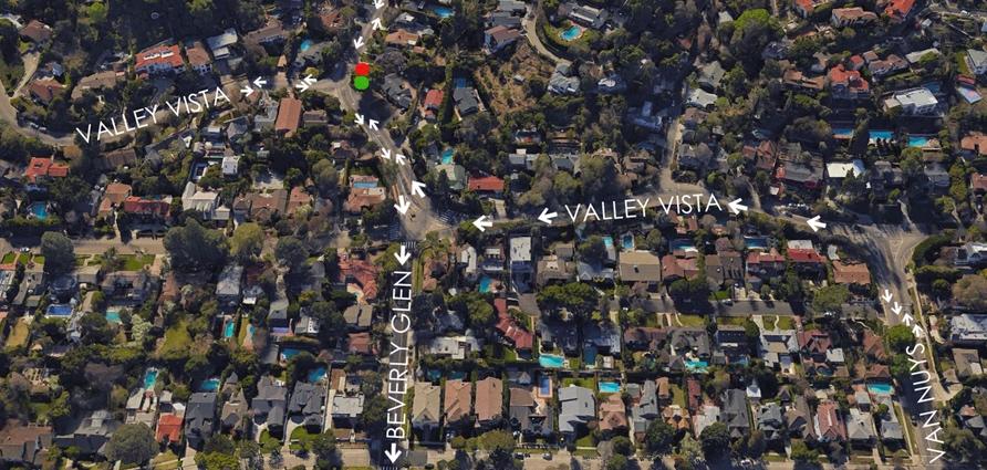 c. Convert Van Nuys Boulevard and Beverly Glen Boulevard to a one-way loop from Ventura Boulevard to Valley Vista Boulevard, as shown in the figure below.