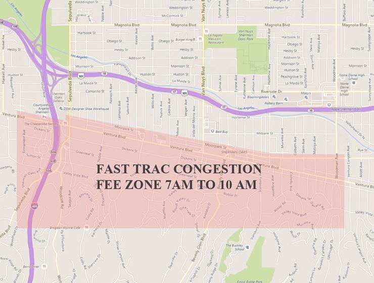 7. Create Fast Trac Congestion fee zone, using automated license plate readers to collect fees for driving between 7 am and10 am in a zone bounded by Moorpark Street on the north, Firmament Avenue on