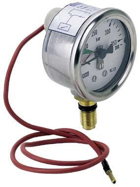 Assembly pressure gauge with integrated pressure switch, 50 mm B 02972 Gauge connection M = M10 x 1 Nominal size 50 mm Electrical Data: Contact pin and lug gold-plated Switch voltage 4,5 to 24 VDC/