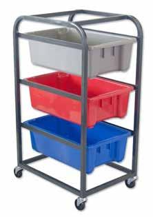 Powder coated steel construction Rubber swivel castors Holds standard stack and nest type tote bins Handy