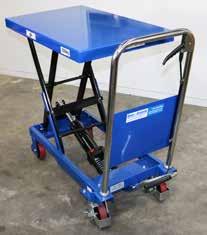 ELECTRIC MOBILE SCISSOR TABLE Lift heavy loads with ease Push button hydraulic lift and lower Large urethane castors for easy moving around Includes battery and automatic charger