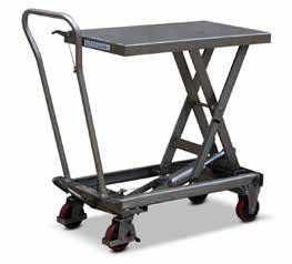 finish DIMENSIONS MIN HEIGHT MAX HEIGHT CAPACITY 53441007 910mm L x 550mm W 350mm 1300mm 300kg STAINLESS STEEL MOBILE SCISSOR LIFT SCISSOR LIFT TROLLEY For food, pharmaceutical, clean room and