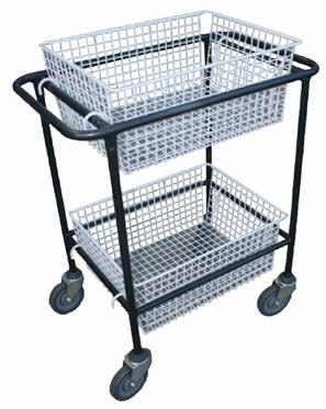 Dimensions Trays TROLLEY 41691001 460mm W x 840mm H x 740mm L 2 x removable baskets Stainless steel construction Ideal for food and wet areas Corner bumpers on