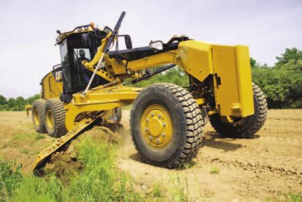 the travel surface with the moldboard. When the motor grader is in the crab mode, the front axle is no longer running perpendicular to the direction of travel.