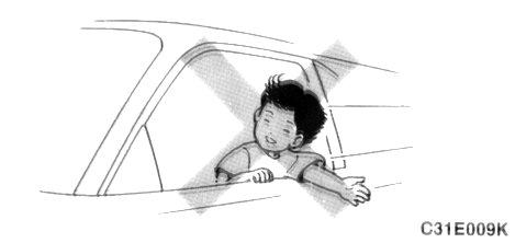 Make sure all children are securely fastened in the seat belts before moving. Do not allow children to lean out of the open windows. Make sure children are secure, before moving the vehicle.