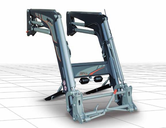 > Adjustable support legs > GENIUS anti-bounce system TITANIUM Front loader with HYDRAULIC self-levelling system > Fitting brackets supporting loader from tractor front end to rear axle shafts >