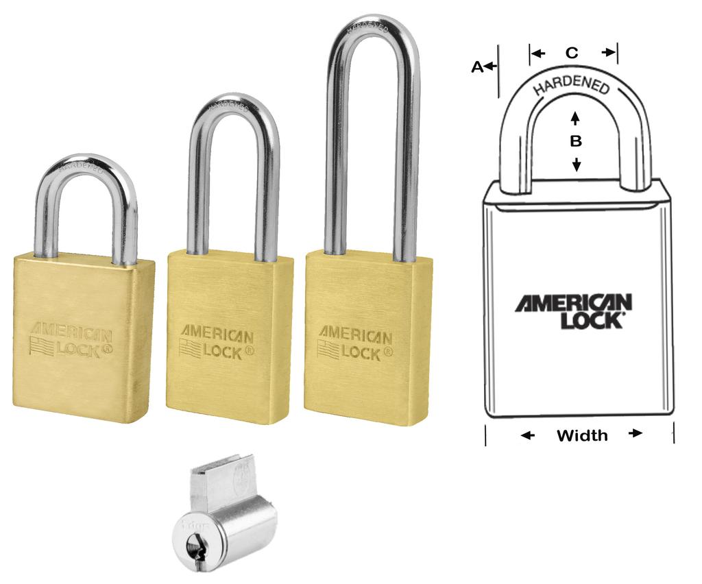for harsh environments 3560 Series 1-3/4 Wide x 3/4 Thick, Solid Brass Padlock with Boron Shackle, A = 5/16, C = 3/4 A3560 Boron, B = 1-1/8 A3561 Boron, B = 2 A3562 Boron, B = 3 A3560WO A3561WO