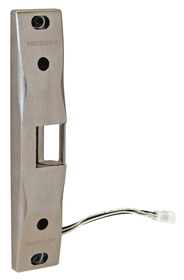 It interfaces with the latch mechanism of the exit device. The movable lip (keeper) allows a door to open even when the latch bolt is extended.