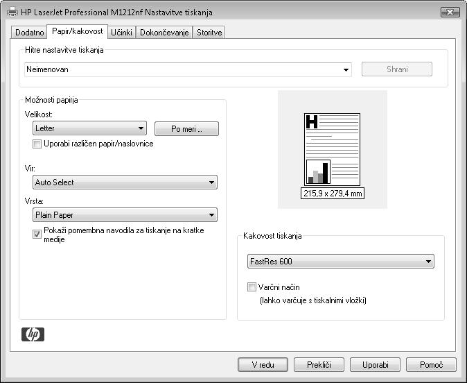 Shranjevanje nastavitev tiskanja po meri za vnovično uporabo v operacijskem sistemu Windows Uporaba hitrih nastavitev tiskanja 1. V programu, ki ga uporabljate, v meniju Datoteka kliknite Natisni. 2.