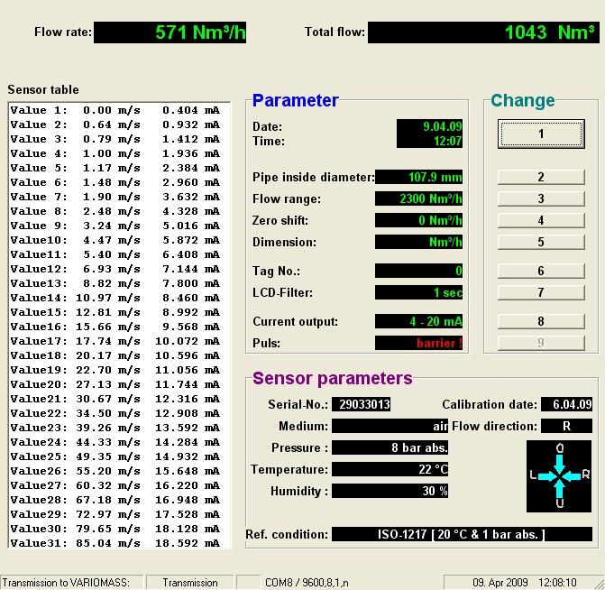 Fig 8) WIN-LC Software for programming and readout of VARIOMASS LC data: The VARIOMASS LC flow meter can be configured by the optional Software WIN-LC from a PC.