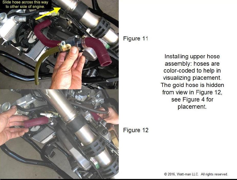 Take the upper hose assembly and thread it though the frame in front of the engine as shown in Figures 11 and 12.