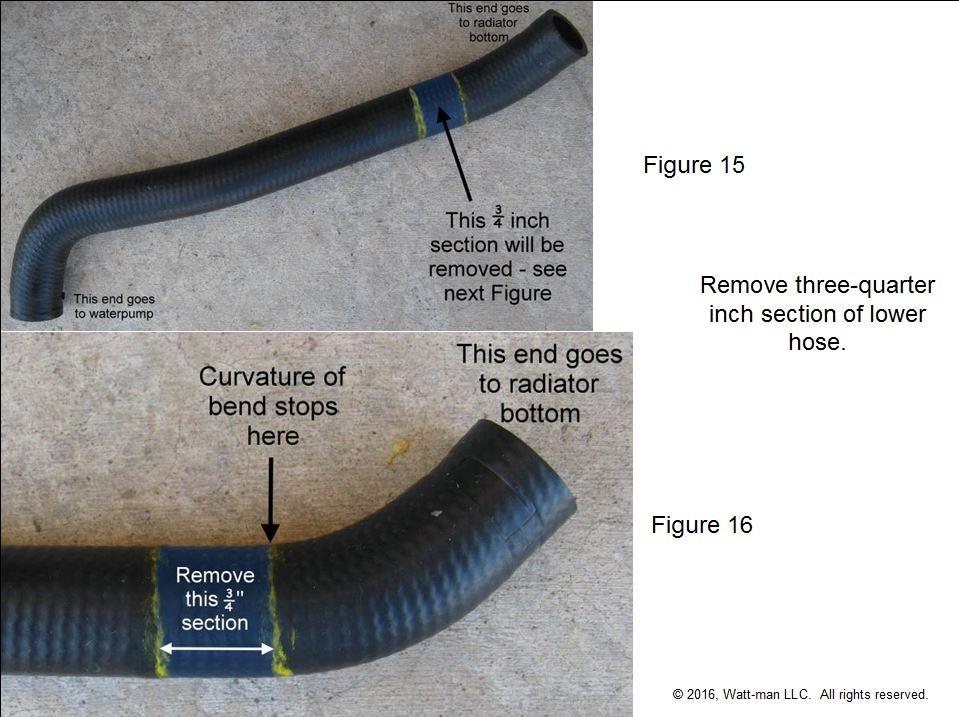 17) Place the supplied bypass tee in the lower hose with clamps Tee1 and Tee2 (supplied) as shown in Figure 17. Try to match the tee and clamp orientations shown, and do not tighten the clamps yet.