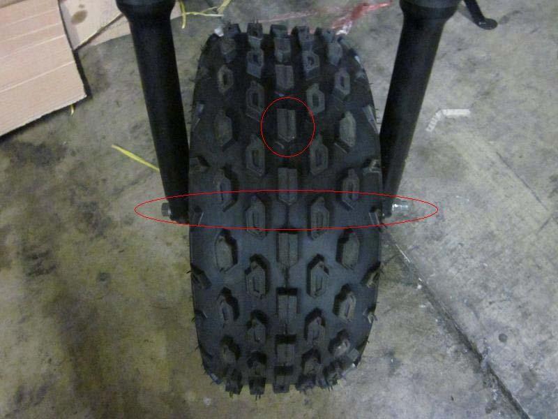 2.4 Front Wheel Installation: Put front wheel in the middle of two cushions with moving direction. Put Front Axle M14x1.