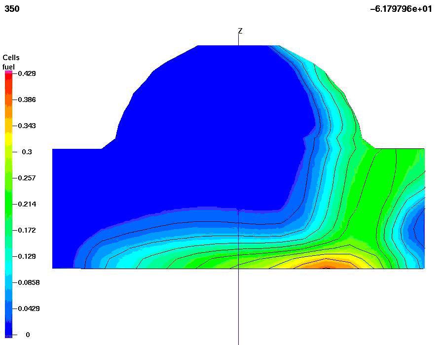 Simulation shows a deflection of vapor stream from the geometrical direction of the injector.