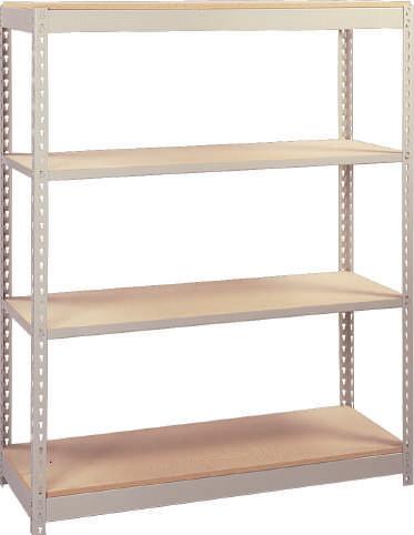PRE-ENGINEERED 84 HIGH RIVET RACK ACCESSORIES AND RELATED PRODUCTS Particle board and wire decking sold separately Beams drop into slots on uprights to create a sturdy, rigid structure Starter