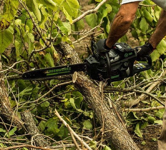 82-volt Brushless Chainsaw TOUGH, POWERFUL, AND LIGHTWEIGHT The GS 180 Chainsaw combines the Greenworks Commercial 82-volt lithium-ion battery with superior brushless motor technology to power