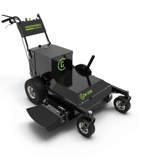 82-volt Walk-Behind 33 Zero Turn Mower ITEM #GZM 33W PRODUCT FEATURES WORKING TIME 33 STEEL DECK SINGLE LEVER HEIGHT ADJUSTMENT LCD DISPLAY 3 KW UP TO 2 HRS INNOVATION FOR A CHANGING WORLD COMING