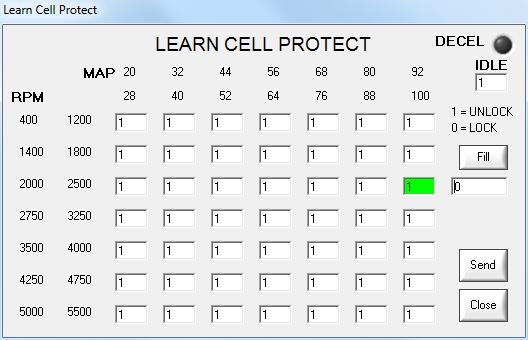 Learn Cell Protect enables or disables Adaptive Learning in individual cells. A one (1) means that Learn Fuel is enabled in that cell and a zero (0) disables Learn Fuel for that cell.