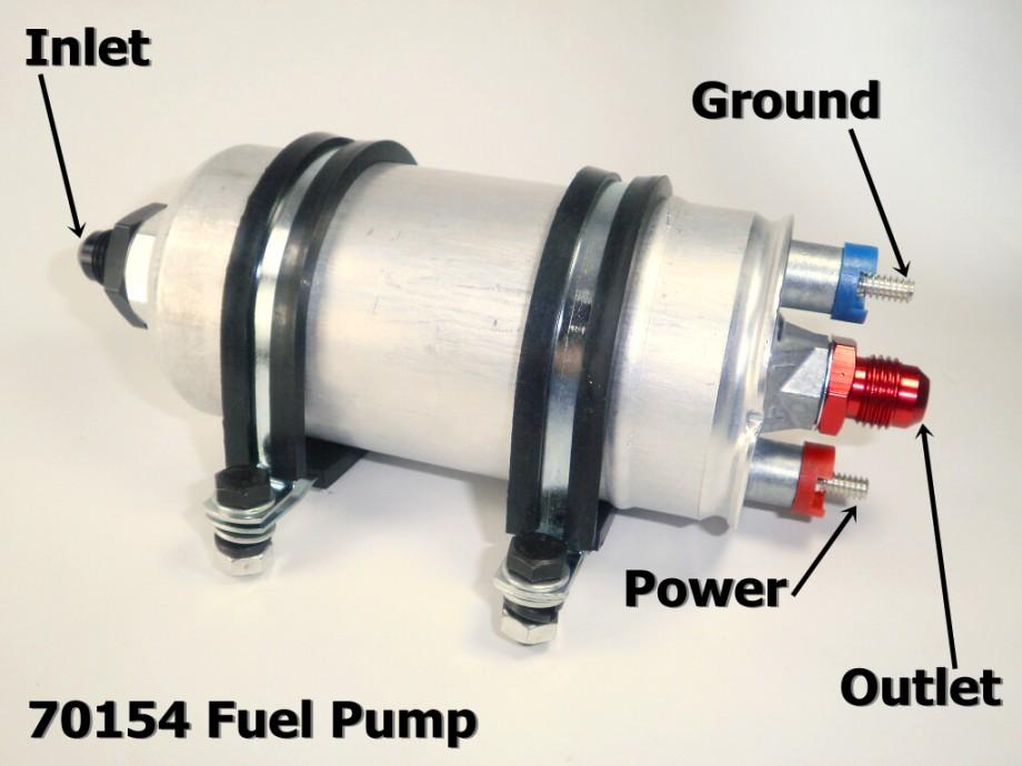 The 70154 fuel pump has 6 AN Inlet and Outlet fittings and the 70160 fuel filter has 1/4 NPT female threads.