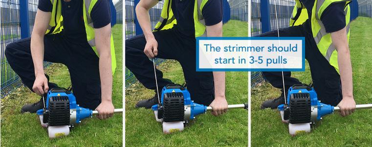 START THE STRIMMER Place the strimmer on the ground so the pull start is facing up towards you. Make sure the cutting attachment is not touching the ground or might catch on any other object.