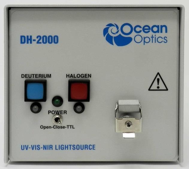 2: DH-2000 Specifications Front Panel Deuterium On/Off Switch Halogen On/Off Switch Halogen Status LED Deuterium Status LED Power LED Mechanical Protection SMA Connector Shutter Switch Component