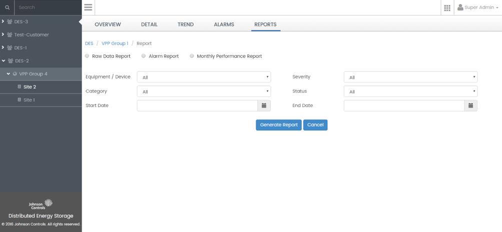 Reports Screen: Provides a configuration page to generate a custom report. Custom reports can be used for performance validation, troubleshooting, and KPI verification.
