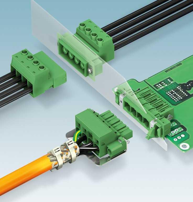 Feed-through plug-in connectors Routing cbles through pnels COMBICON power feed-through plugin connectors enble you to route conductor through device housing efficiently nd without ny gps.
