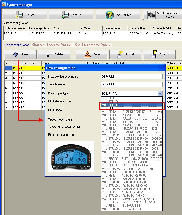 3.2 MXL Pro/Pro05 configuration Run Race Studio 2 software and follow this path: press Device configuration > MXL on the software left keyboard; MXL configuration page opens on Select